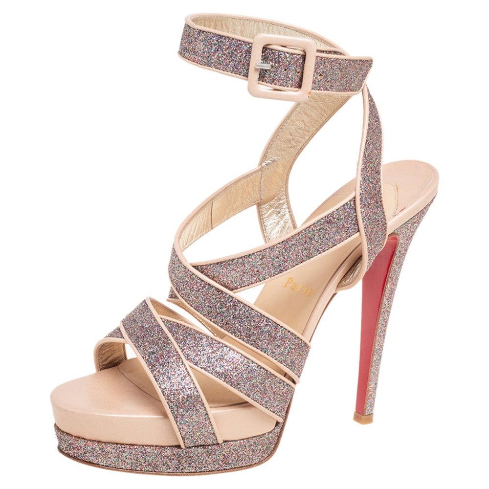 Christian Louboutin Silver Glitter Straratata Strappy Platform Sandal Heels